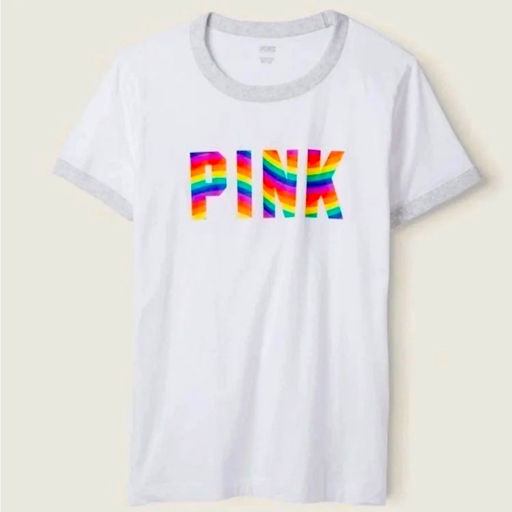 New VS PINK Campus Ringer Tee
Shirt White with Pride Logo